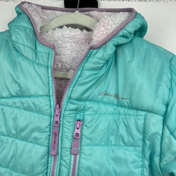 Eddie Bauer Coat Jacket Reversible Puffer Teddy Bear Girls size Large 14 16 Blue - Picture 3 of 16